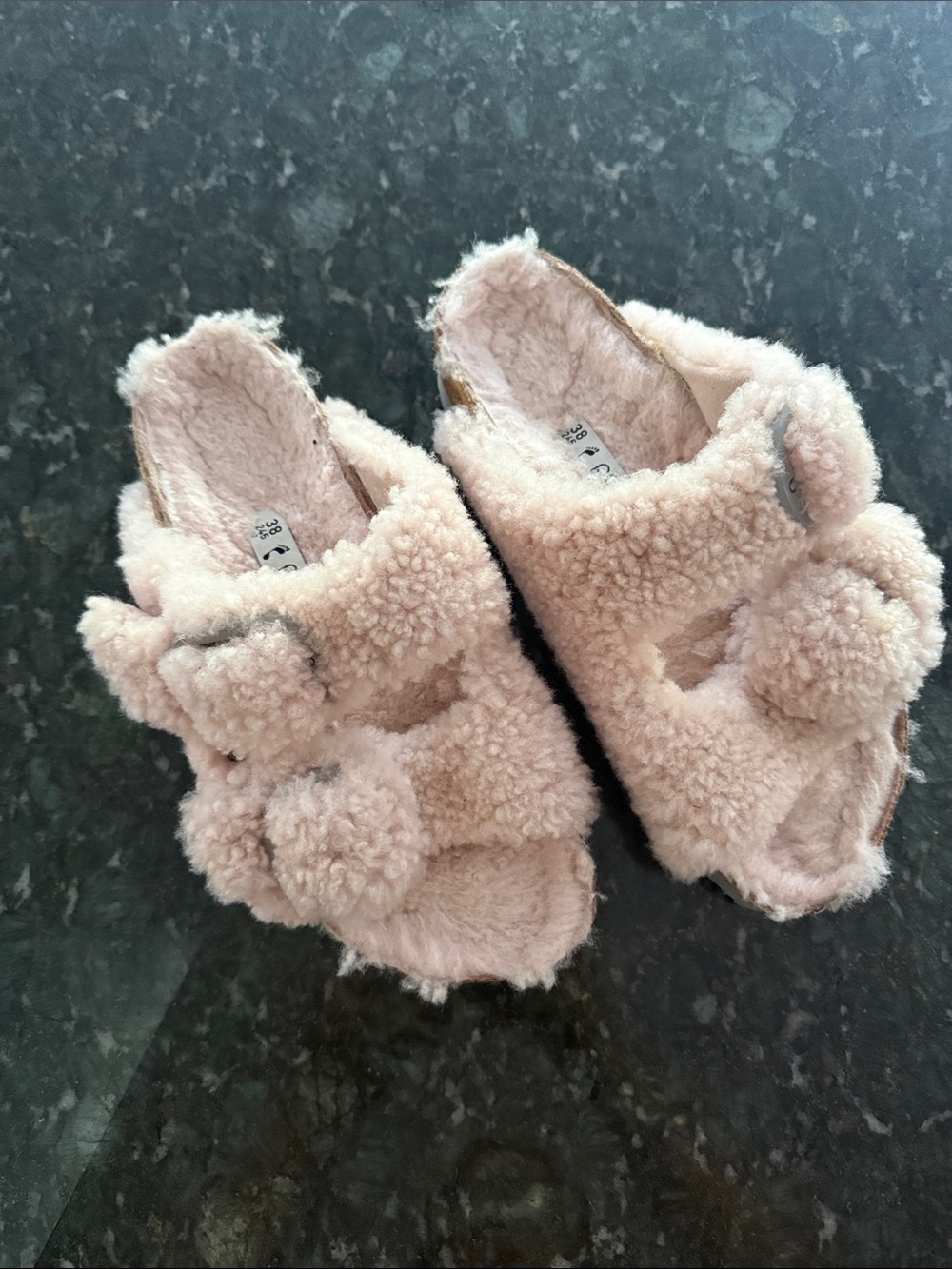 Birkenstock Women's Fuzzy Pom Pom Shearling Mules in Light Pink